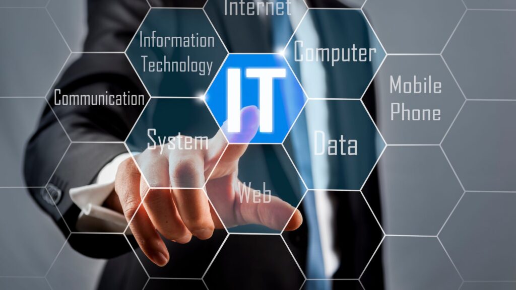 A person in a suit touches a virtual screen with hexagons labeled IT, Internet, Computer, Data, Mobile Phone, Web, System, Communication, and IT Consulting to highlight the difference in tech consulting services.