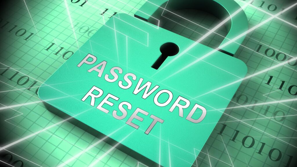 A teal padlock with the words "PASSWORD RESET" is shown over a background of binary numbers and a digital grid, highlighting Duo Security for an extra layer when you reset password.