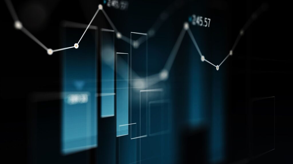 A digital graph showing fluctuating line and bar charts on a dark background, illustrating financial or data analytics trends for those who need to store research data securely.